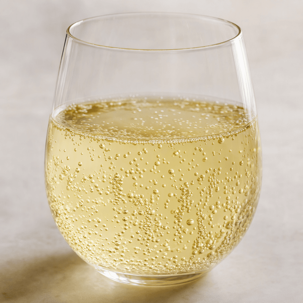 Pale golden-yellow, transparent sparkling mineral water with fine bubbles rising through it, served in a clear glass.