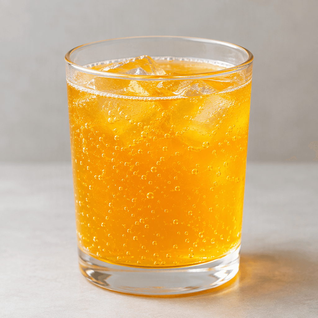 A translucent, bright golden-orange drink sits in a clear glass, with fine bubbles visible throughout.