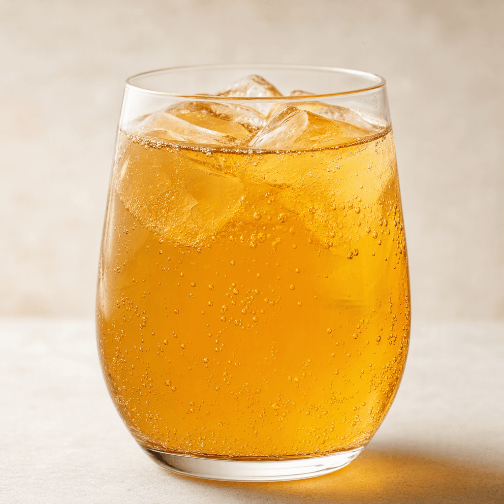 A translucent golden-orange, lightly sparkling drink with fine bubbles rising through it, served in a clear glass.