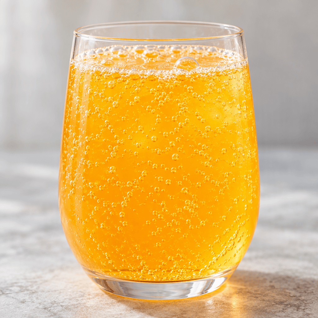 A bright golden-orange carbonated drink sits in a clear glass, with fine bubbles rising through the translucent liquid and a light fizz at the surface.