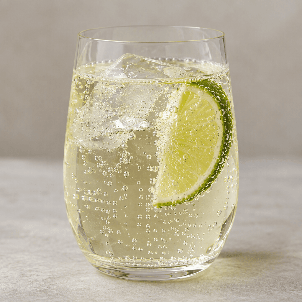 A clear, lightly tinted sparkling drink sits in a glass, with fine bubbles rising through the liquid.