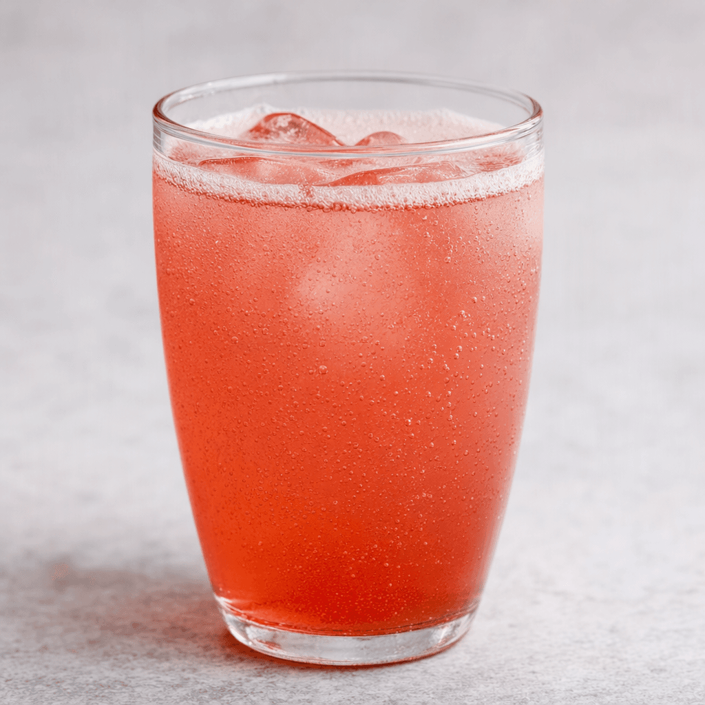 A clear glass filled with lightly tinted, fizzy fruit soda, with fine bubbles rising through the liquid and a thin foamy layer at the surface.