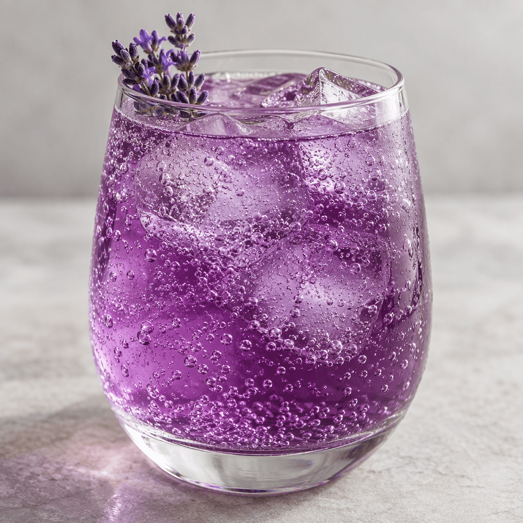 A clear, bright purple fizzy drink sits in a glass, with fine bubbles rising through it.