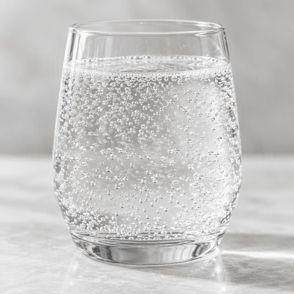A clear, colorless fizzy drink sits in a glass, with fine bubbles rising through it.