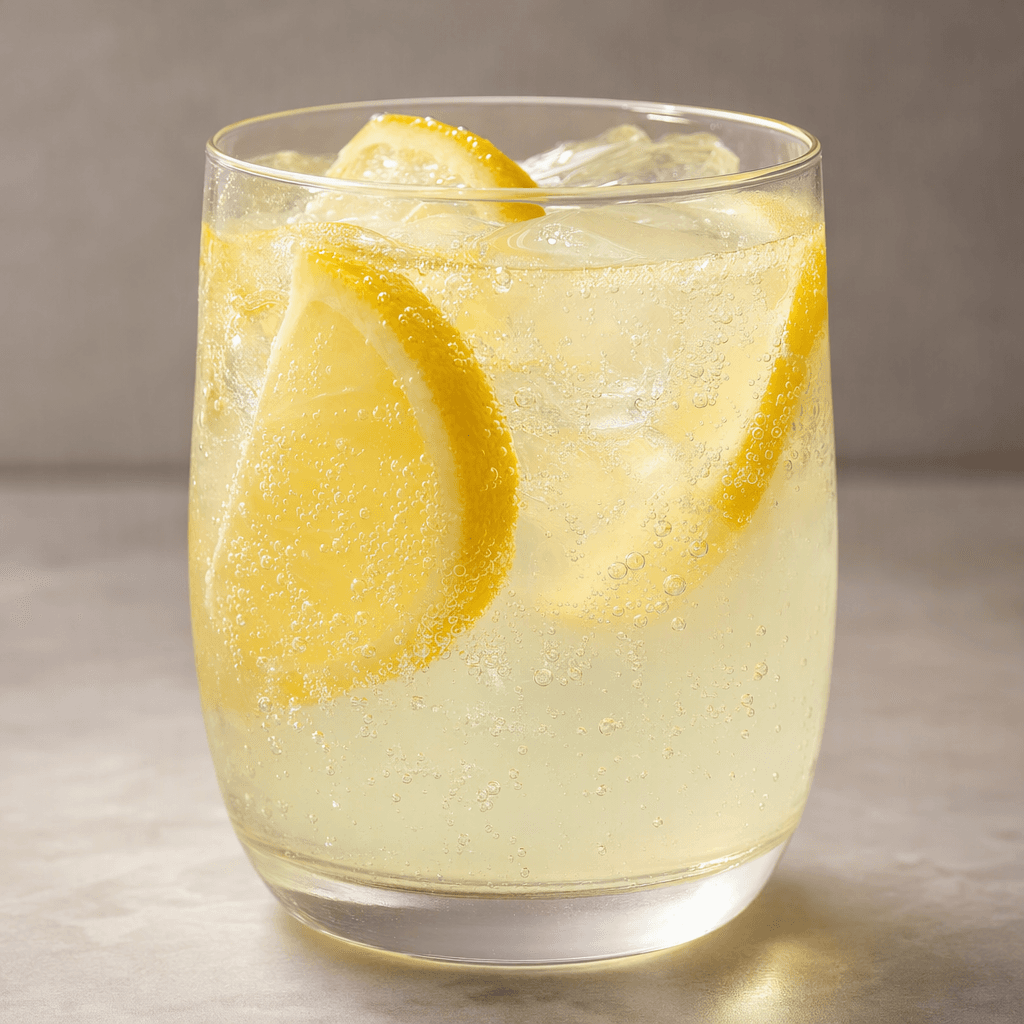 A clear, pale-yellow carbonated lemon drink in a glass, with fine bubbles rising through the liquid.