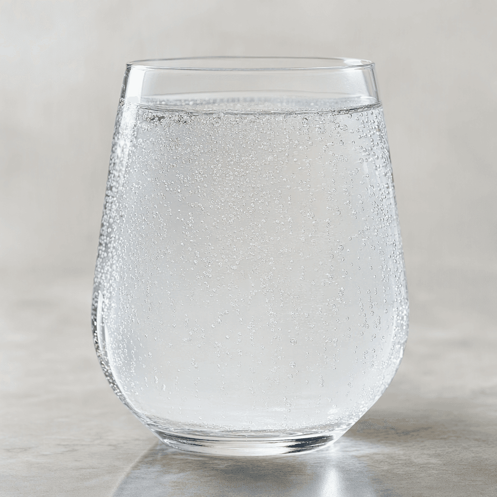 A clear, colorless sparkling drink in a glass, with fine bubbles rising through the liquid.