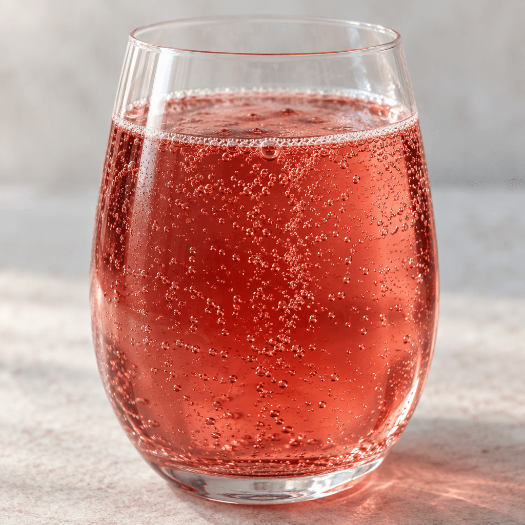 A clear, lightly fizzy rose-red drink sits in a glass, with fine bubbles rising through it.