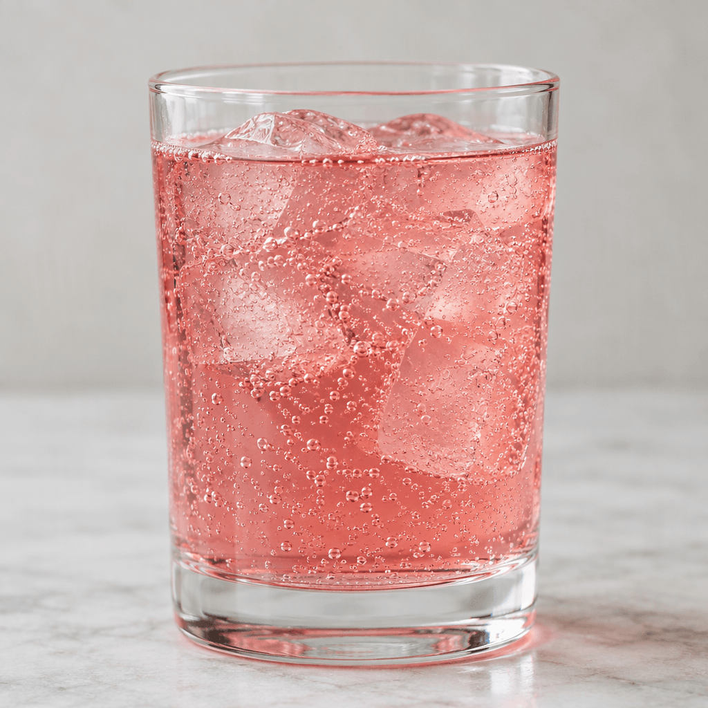 A translucent rosy-pink fizzy drink sits in a clear glass, with tiny bubbles rising through it.