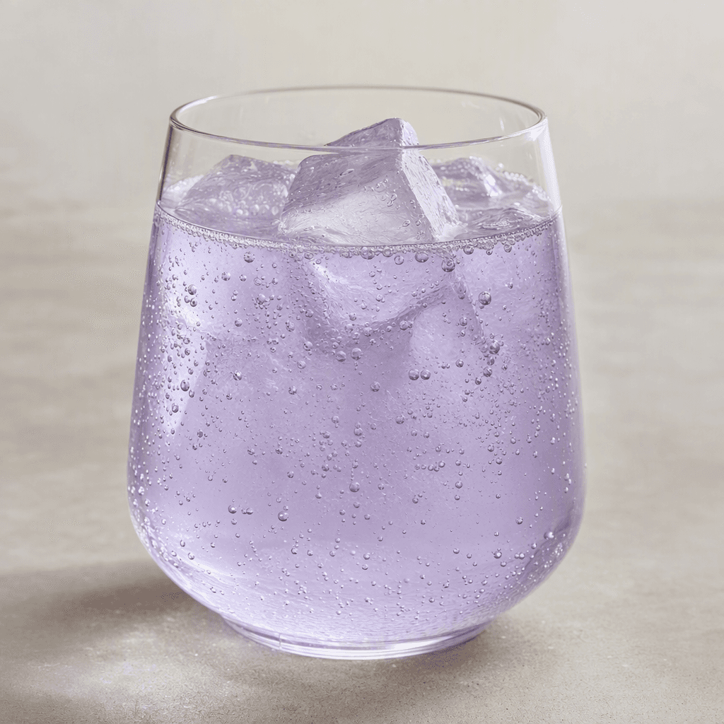 A translucent pale violet, carbonated drink sits in a clear glass, with fine bubbles rising through the liquid.