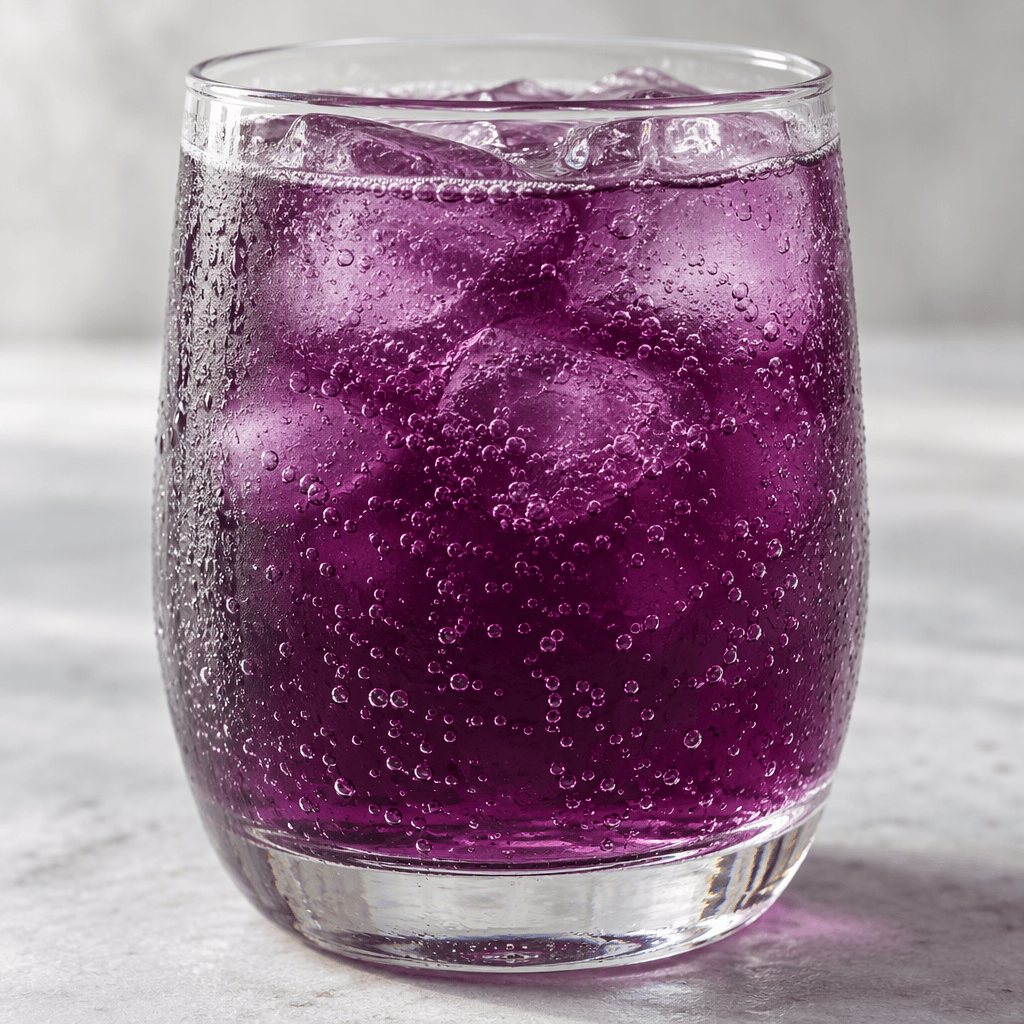 A deep violet, lightly translucent fizzy drink with fine bubbles, served chilled in a clear glass.