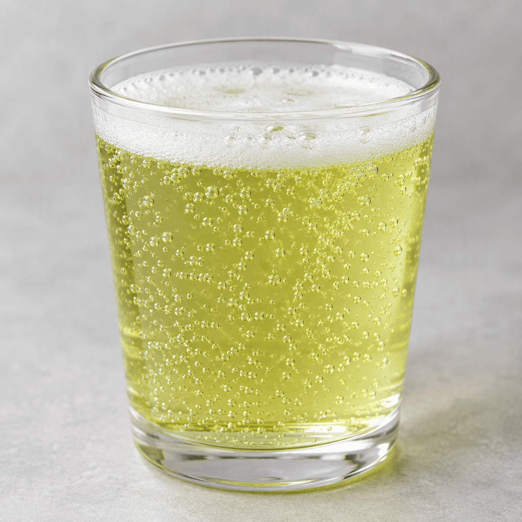 A clear, pale yellow-green carbonated drink in a glass, with fine bubbles rising through the liquid and a light foamy layer at the surface.
