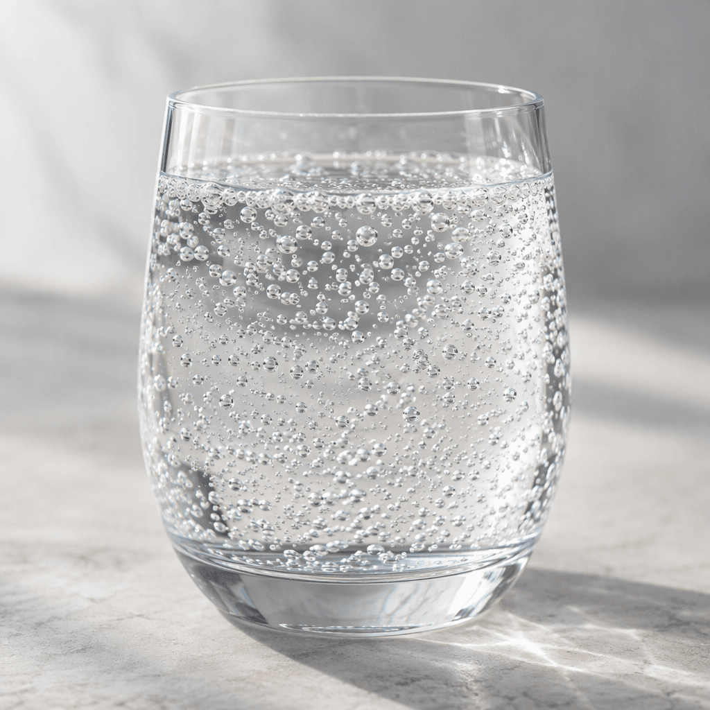 Clear, colorless sparkling water with fine bubbles, served in a glass.