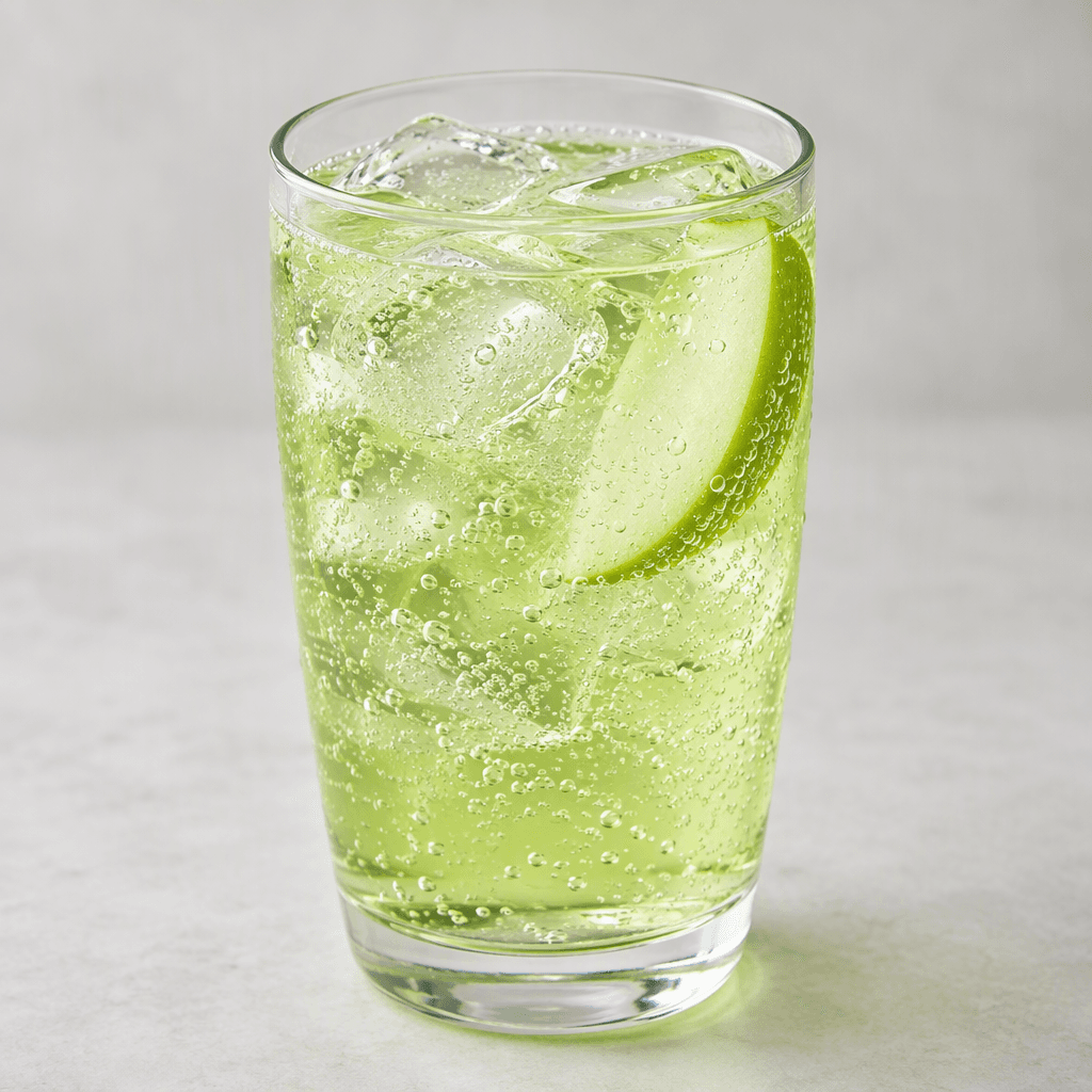 A clear, sparkling pale-green apple soda with fine bubbles, served chilled in a transparent glass.
