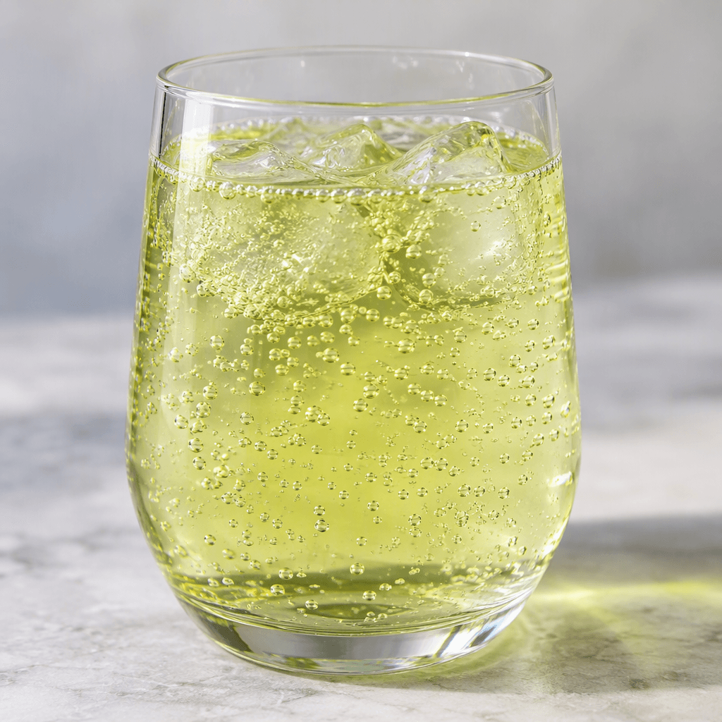 A clear, lightly greenish-yellow carbonated drink with fine bubbles, served in a transparent glass.