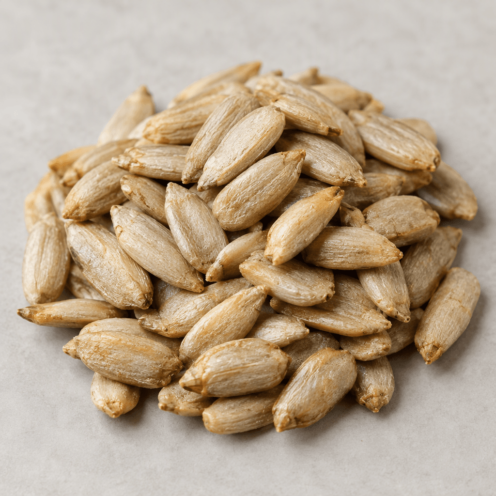 A small pile of flat, elongated oval sunflower kernels, pale golden tan with subtle brown edges and a dry, lightly wrinkled surface.