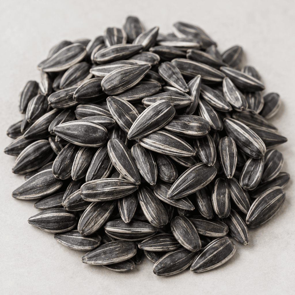 A loose pile of small, elongated, pointed sunflower seeds in hard, dark gray to black shells marked with narrow pale gray stripes.