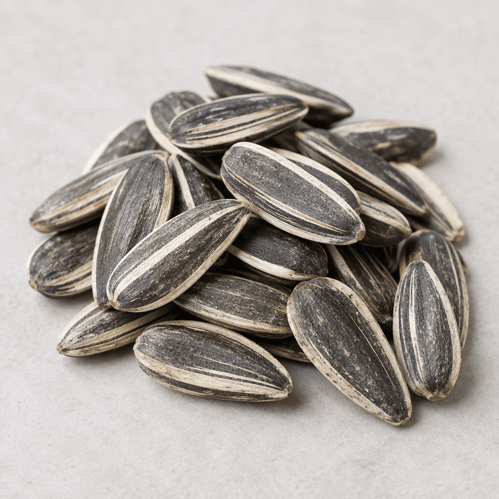A small pile of elongated, flat sunflower seeds with dark gray shells marked by pale stripes and a dry, lightly textured surface.