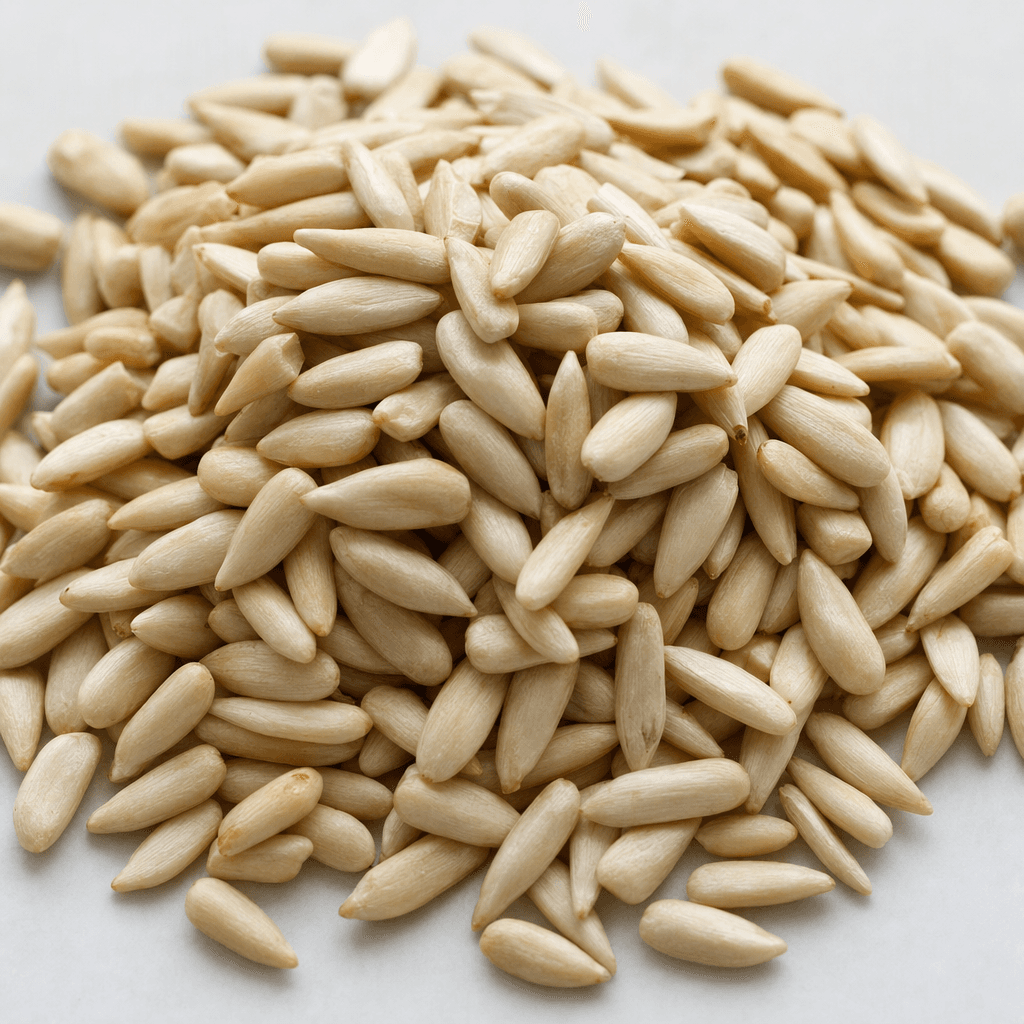 Small, smooth, oval sunflower seed kernels with pointed ends, pale ivory to light beige in colour, scattered in a loose pile.