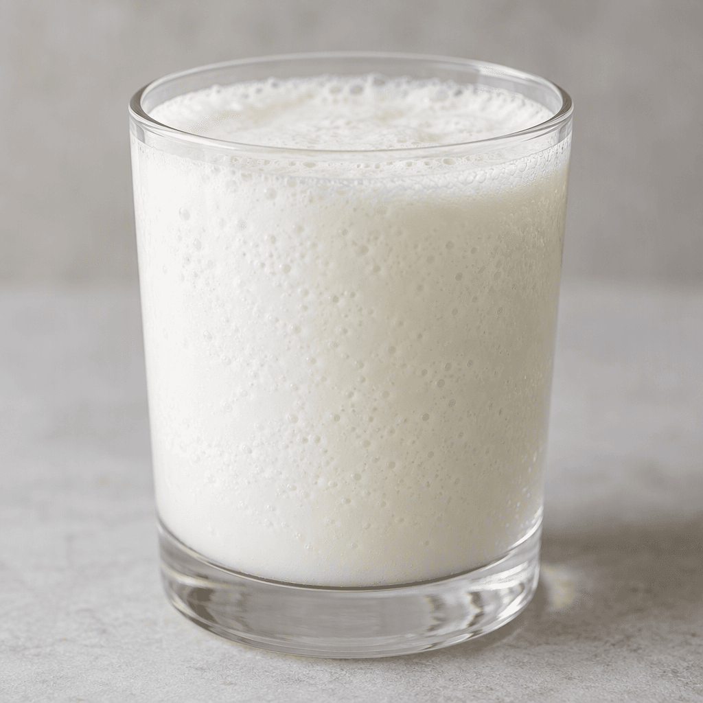 A pale, opaque white drink with a thin foamy layer and fine bubbles throughout, served in a clear glass.