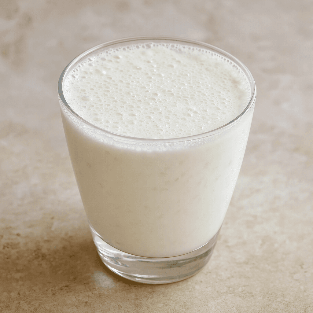 A small serving of opaque, creamy white ayran with a fine layer of bubbles on top, poured into a clear glass.