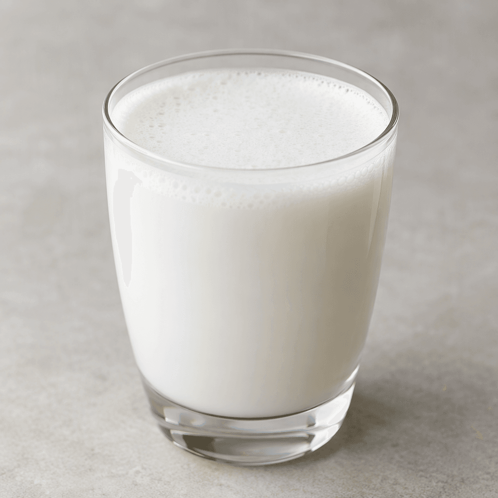 A pale, opaque white, fluid drink with a smooth surface and a light layer of fine foam, served in a clear glass.