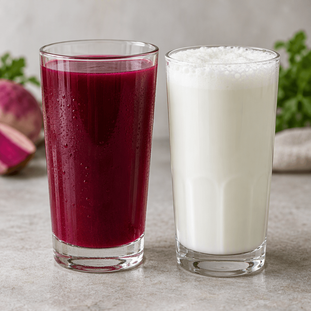 Şeffaf bir bardaktaki koyu bordo-mor şalgam suyu, üzerinde ince köpük tabakası bulunan opak beyaz ayran dolu bir bardağın yanında duruyor.
