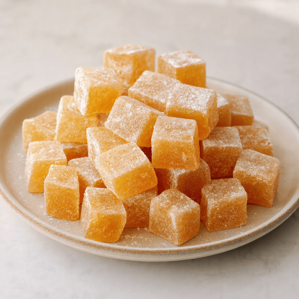 Small, soft-looking translucent amber-gold cubes of quince Turkish delight, lightly dusted with powdered sugar and arranged on a plate.