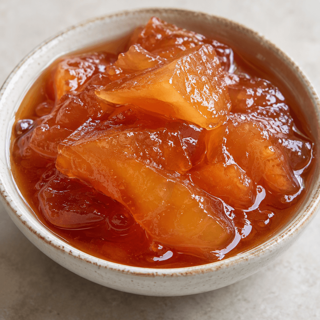 Glossy amber-red quince preserves with translucent, tender-looking chunks of fruit sit in a small dish, surrounded by a thick sheen of syrup.