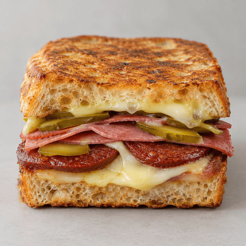 A thick, rectangular toasted sandwich made with golden-brown Ayvalık bread, its cut side showing melted pale straw-yellow kaşar cheese, dark red slices of sucuk, pink-red deli-meat slices, and thin green pickle strips, served in a compact, pressed stack.