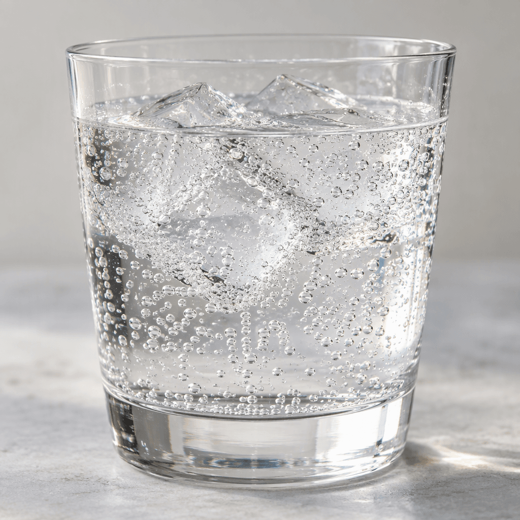 A clear, colorless sparkling drink sits in a glass, with fine bubbles rising through it.
