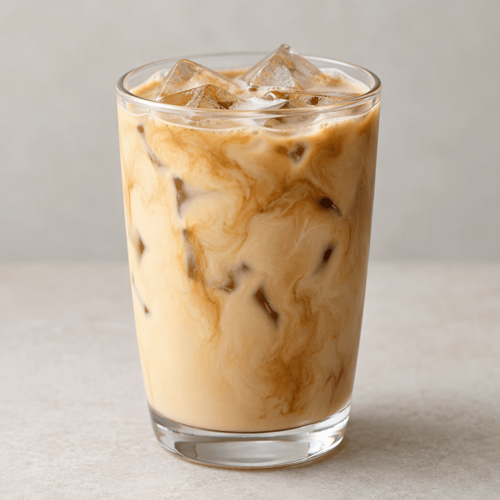 A pale tan iced latte with visible ice cubes and faint brown coffee swirls is served in a clear glass.