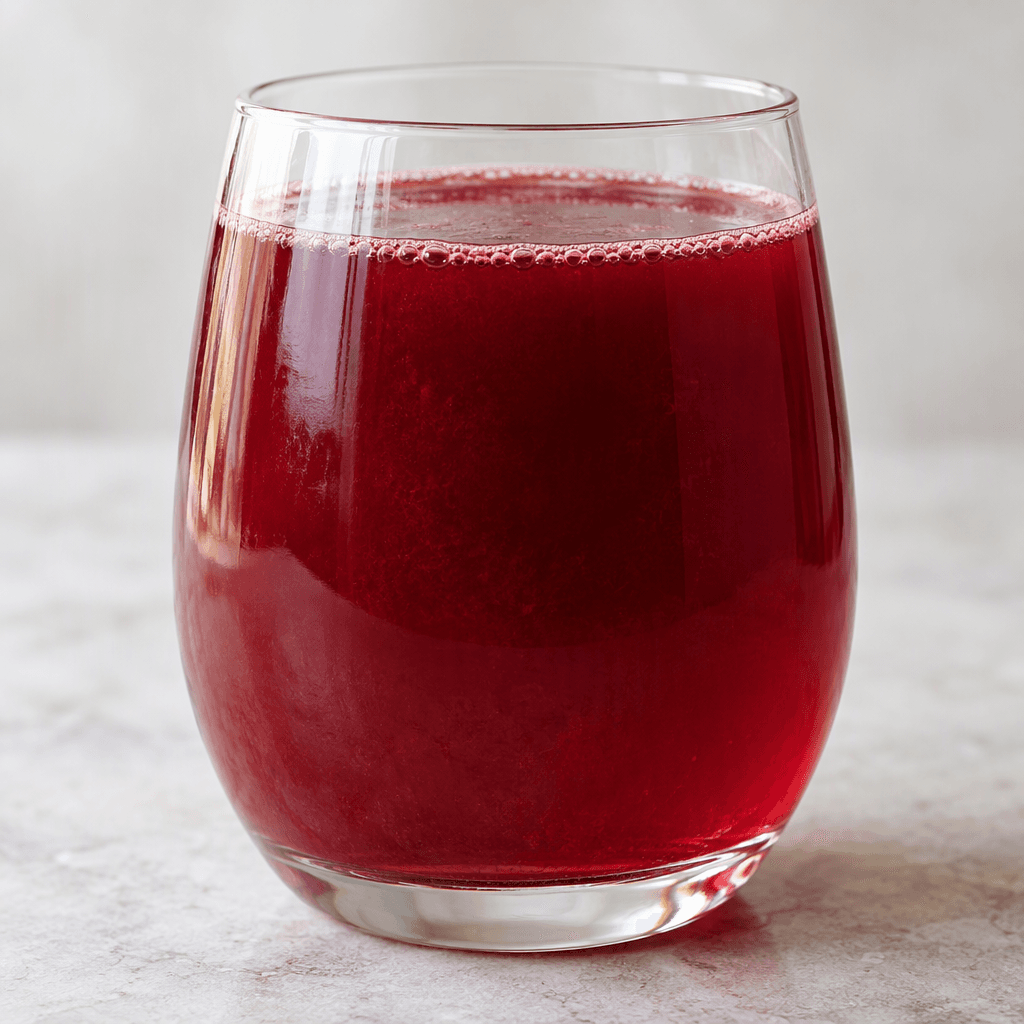A translucent deep ruby-red liquid with a smooth, slightly cloudy appearance, served in a clear glass.