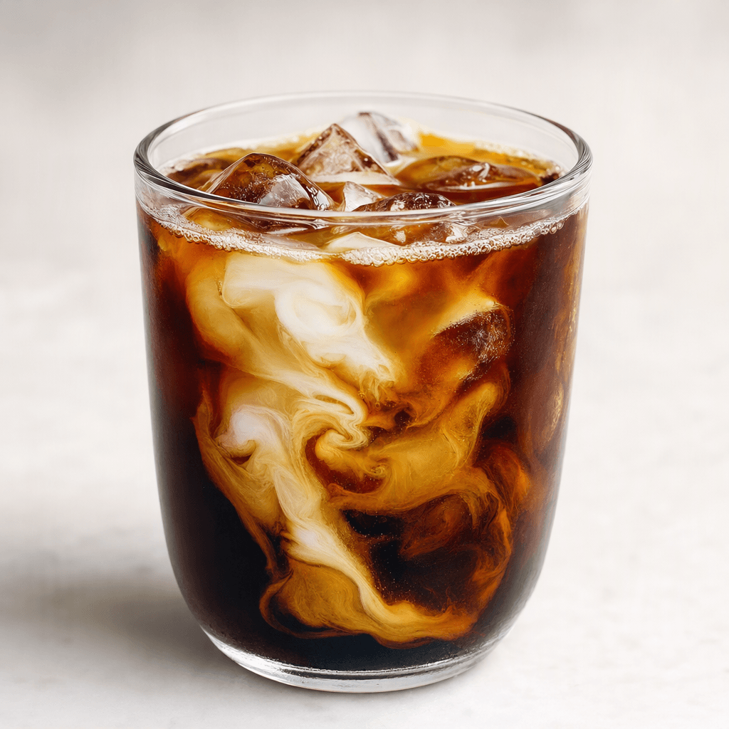 Dark brown cold brew sits over ice in a clear glass, with a small splash of pale milk curling through it in soft, lighter streaks.