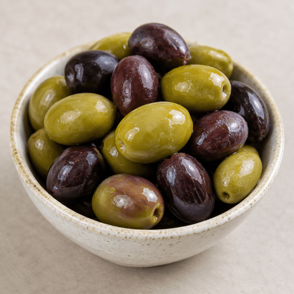 Plump oval olives in shades of green and deep purplish black, with smooth slightly glossy skins, piled together in a small serving dish.