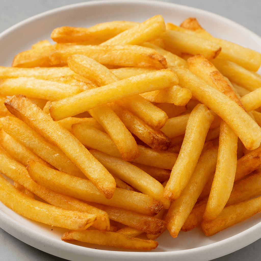 Düz kesilmiş patates çubukları, altın sarısı içleri ve hafif kızarmış kenarlarıyla sade bir tabakta gevşek bir yığın hâlinde duruyor.