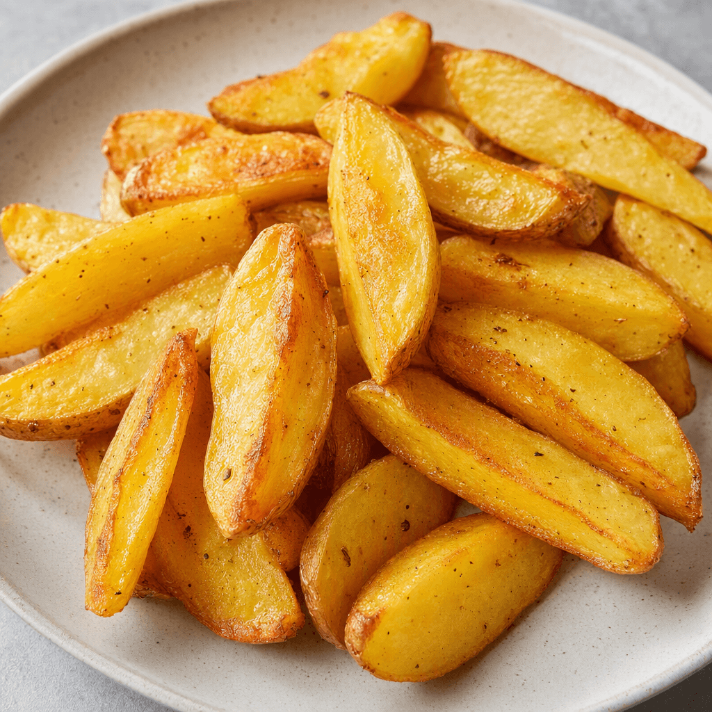 Pale-golden potato wedges with lightly browned edges and a faint sheen are arranged on a plate, their soft, slightly rough surfaces visible.