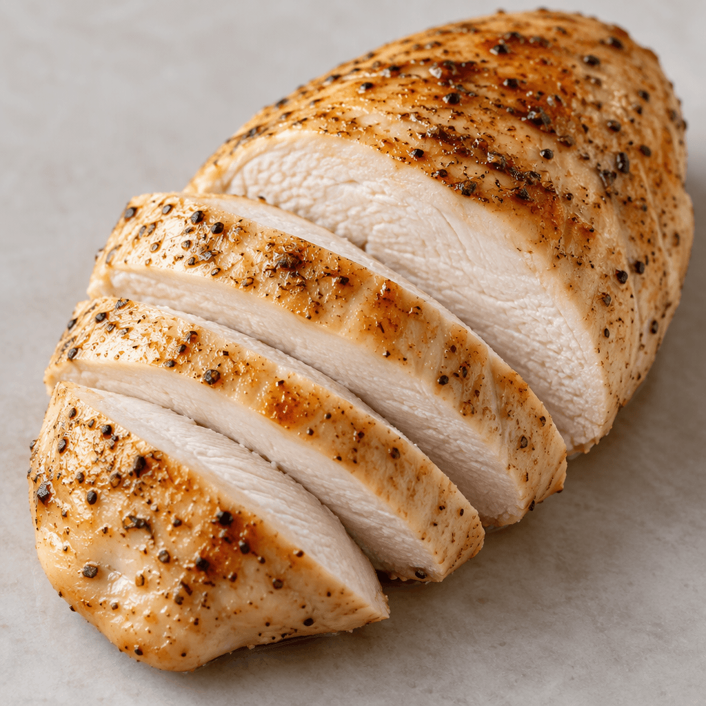 A lean, boneless chicken breast with a lightly browned surface and a pale ivory interior, shown in thick slices with a firm, fine-fibred texture.