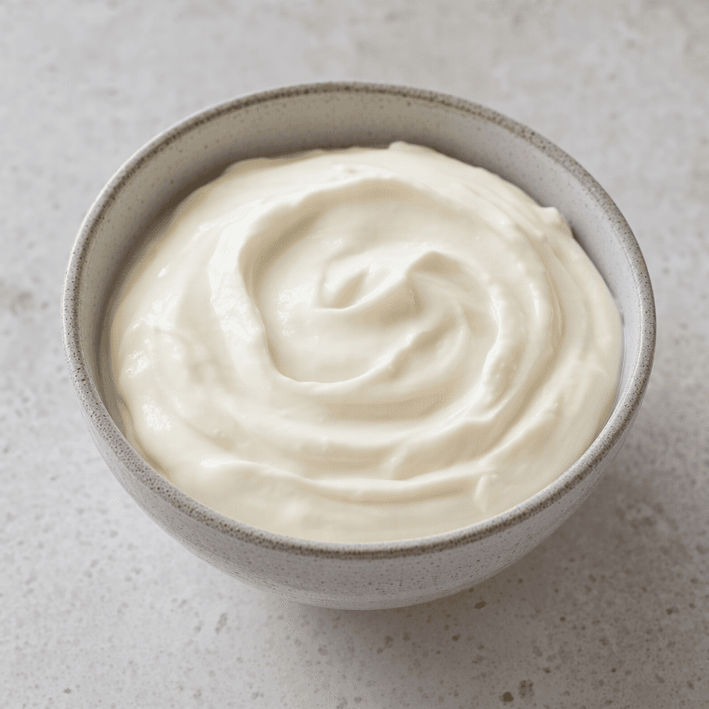 A thick, smooth, pale-white low-fat quark cream sits in a small bowl, with soft swirls across its surface.