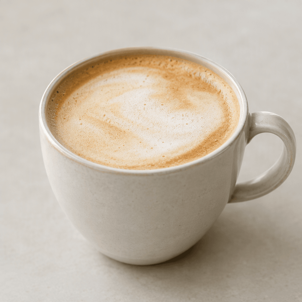 A light beige latte fills a cup, with a thin layer of pale foam and faint golden-brown espresso crema on top.