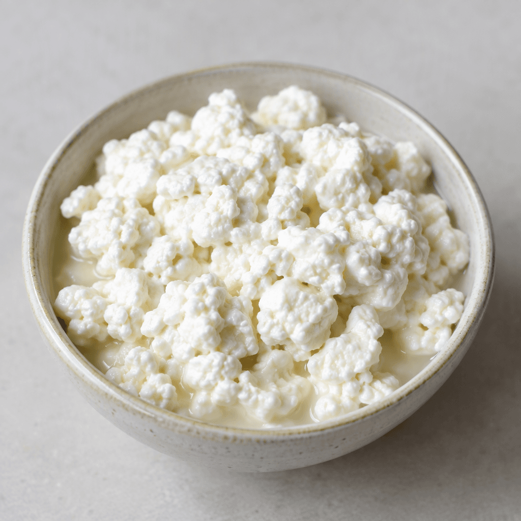 Soft, moist white curds with a slightly lumpy, crumbly texture, served in a small bowl with a little whey visible between the curds.