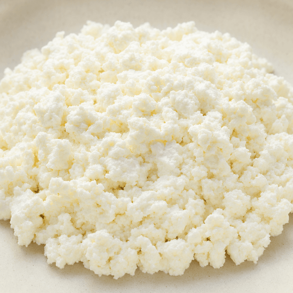 A mound of low-fat lor cheese made up of small, soft, moist white curds with a loose, crumbly texture.