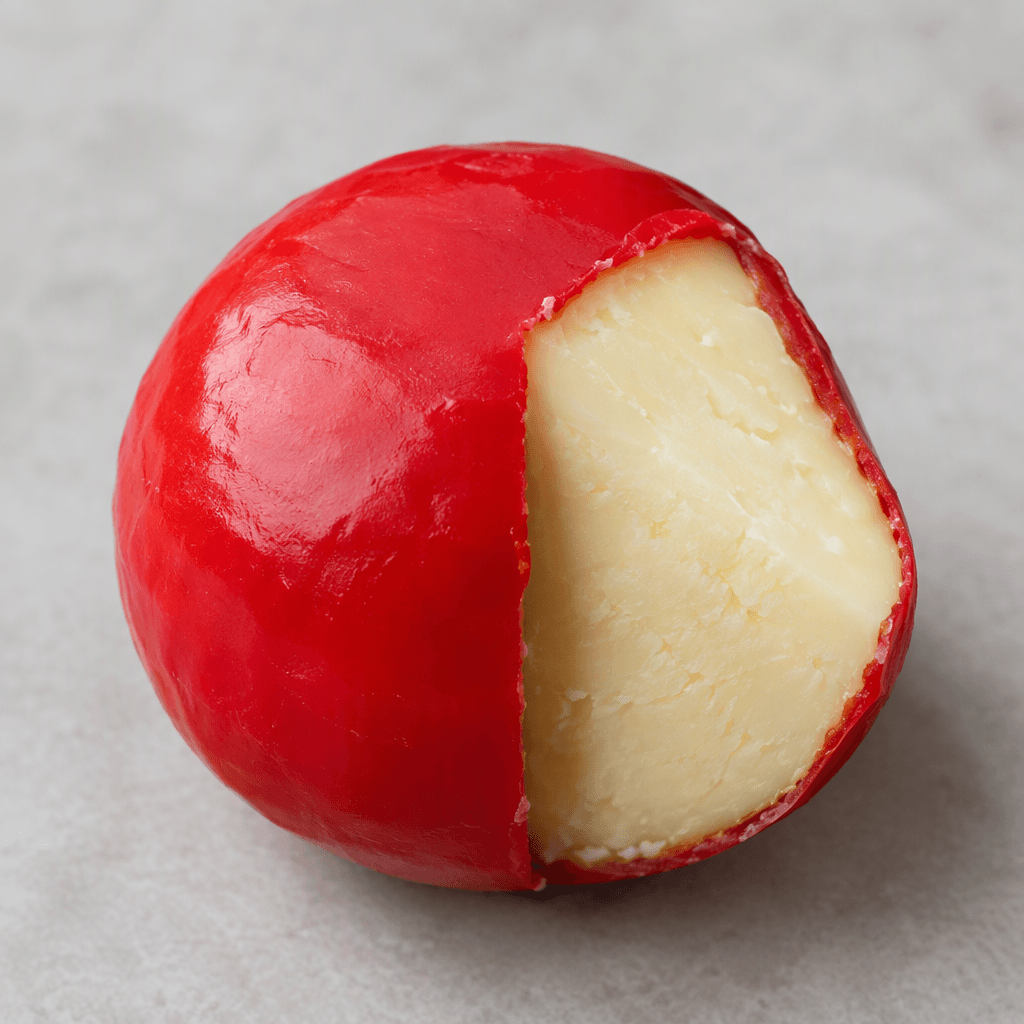A small, smooth, round cheese is partly uncovered, showing its pale ivory interior beside a thin, bright-red wax coating.
