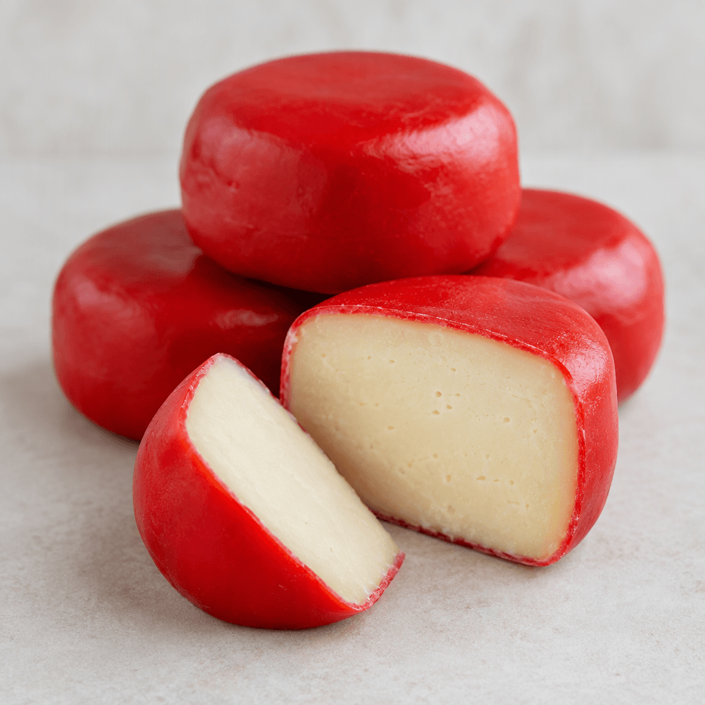 Small, squat, wheel-shaped cheeses with smooth bright-red wax coatings, with one opened to reveal a firm, pale-ivory interior with a fine, even texture.