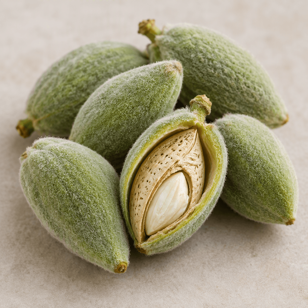Several immature almonds lie on a surface, each enclosed in an elongated oval, pale green husk with a soft fuzzy texture, while one is split open to reveal its smooth cream-coloured shell and small white kernel.