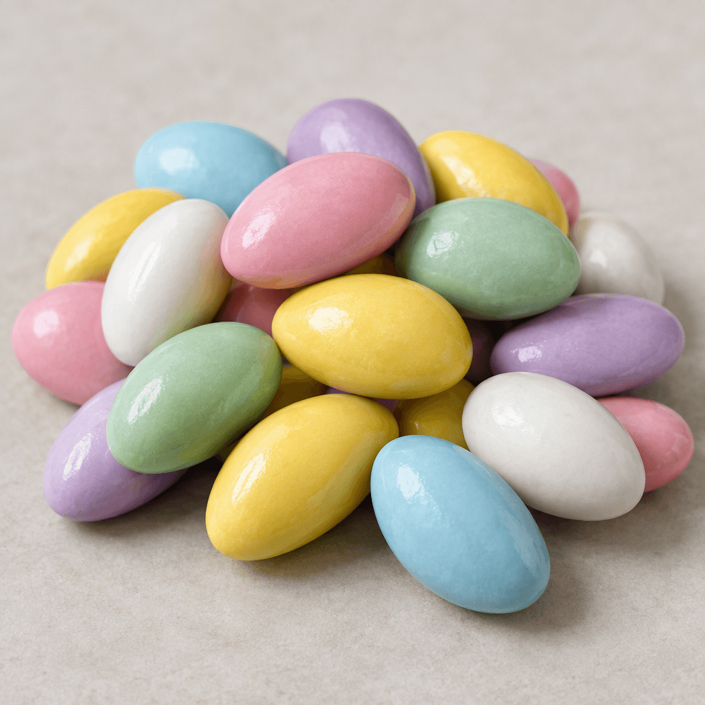Small oval almonds are covered in smooth, glossy hard-sugar shells in assorted pastel colors and gathered in a little pile.