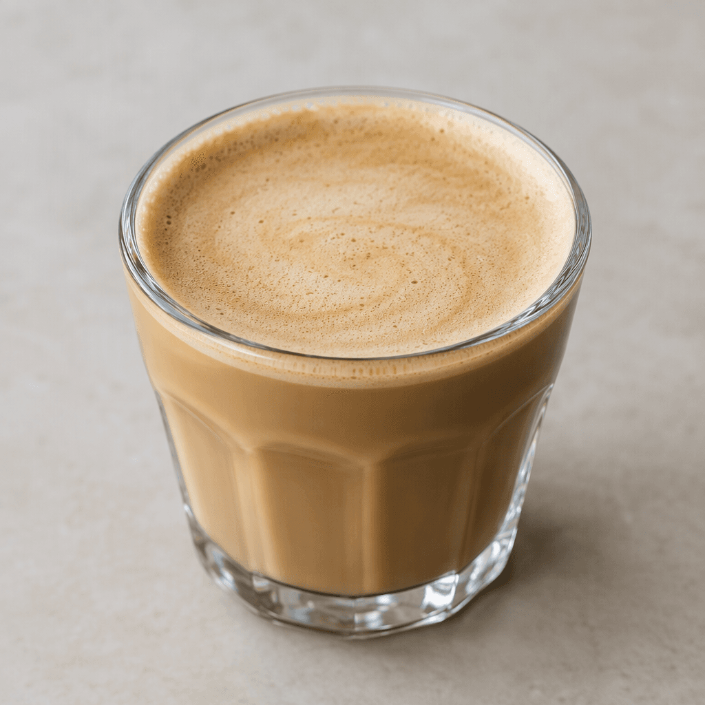 Koyu kahverengi espresso, açık bej badem sütüyle karışmış halde küçük bir fincanda servis edilir; yüzeyi pürüzsüz açık kahverengi ve ince, ipeksi bir köpük tabakasıyla kaplıdır.