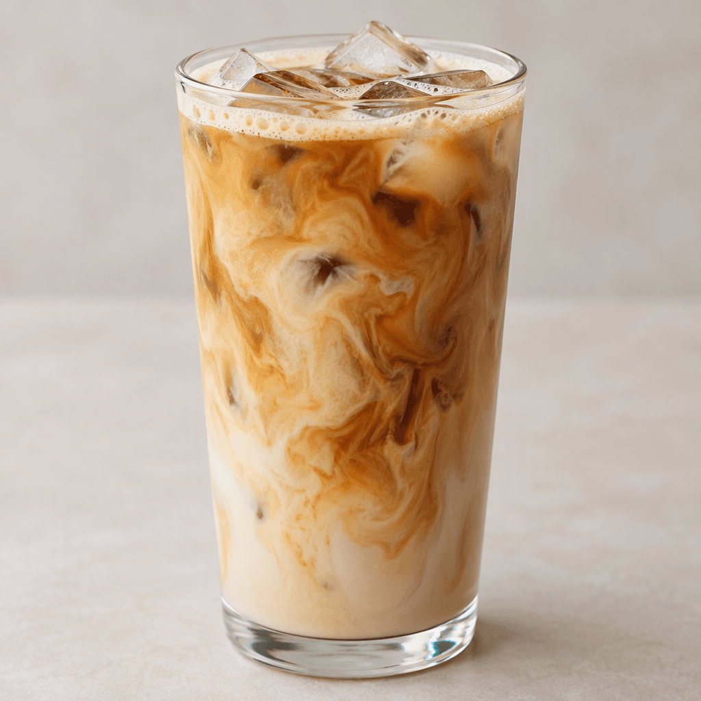A tall transparent glass filled with light tan iced coffee and pale almond milk, with darker coffee swirls blending through the creamy liquid, several clear ice cubes visible near the top, and a thin layer of light foam beneath the rim.