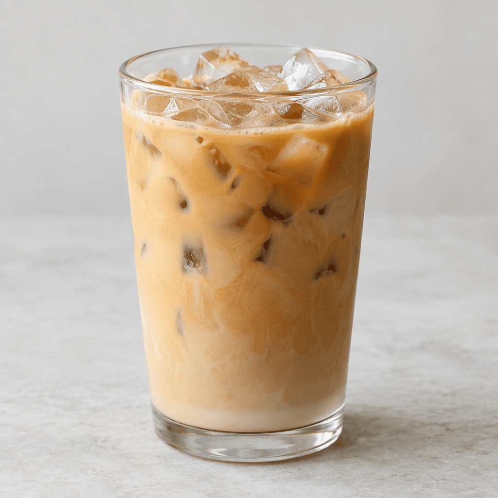 A pale tan iced coffee with visible ice cubes and a softly creamy, slightly layered appearance, served in a clear glass.