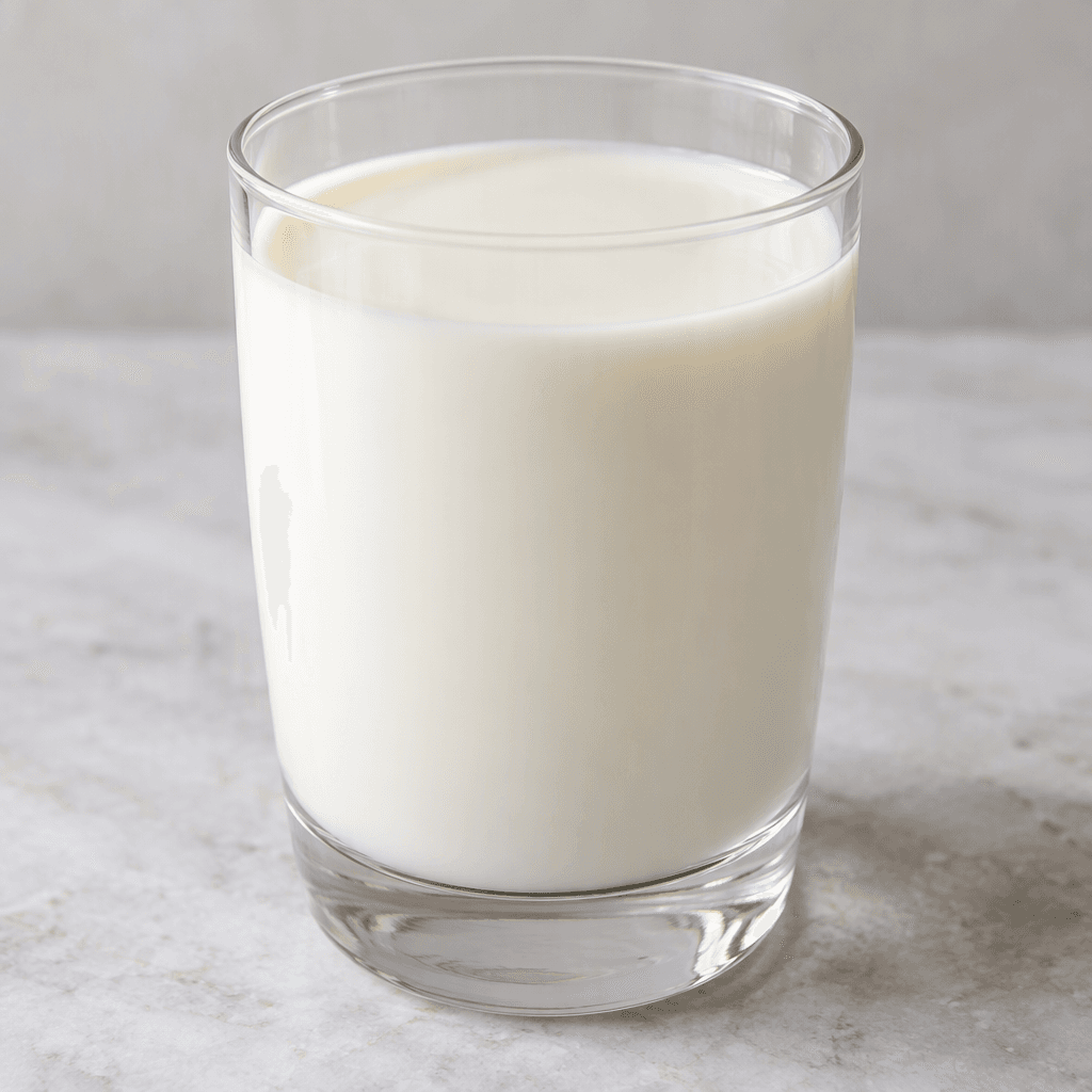 A clear glass is filled with smooth, opaque, pale ivory-white liquid with a faint creamy sheen.