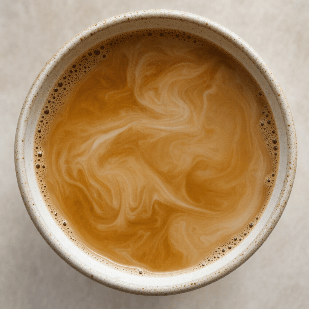 A cup of coffee appears creamy light brown, with pale milk swirls blending into its surface.